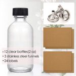 12 Pack, 2 oz Small Clear Glass Bottles with Lids & 3 Stainless Steel Funnels – 60ml Boston Round Sample Bottles for Potion, Juice, Ginger Shots, Oils, Whiskey, Liquids – Mini Travel Bottles, NO Leakage