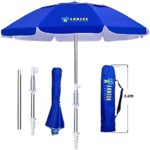 AMMSUN 6.5ft Twice Folded Portable Beach Umbrella with Sand Anchor Windproof,Push Button Tilt and Air Vent UV 50+ Protection Fits in a Large Suitcase for Patio Garden Beach Pool Backyard Blue