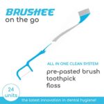 Brushee – The Evolution of Oral Care | 3-in-1 Tool (Pre-Pasted Mini-Brush + Floss + Pick) | Individually Wrapped | Disposable | Prepasted Travel Toothbrushes | Small Adult Toothbrush – (24-Pack)
