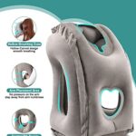 JefDiee Inflatable Travel Pillow, Airplane Neck Pillow Comfortably Supports Head and Chin for Airplanes, Trains, Cars and Office Napping with 3D Eye Mask, Earplugs and Portable Drawstring Bag (Grey)