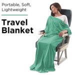Portable, Soft, Lightweight Travel Blanket with Bag for Airplane, Taxi Cabs, Concerts or Picnics; Back Strap to Attach to Luggage (Green)
