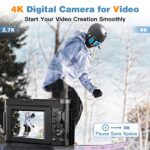 4K Digital Camera for Photography and Video Autofocus Anti-Shake, 48MP Vlogging Camera with SD Card, 3” 180° Flip Screen Compact Camera with Flash, 16X Digital Zoom Travel Camera (2 Batteries)