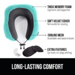 Gorilla Grip Memory Foam Travel Neck Pillow, Head Support on Airplanes, Soft Velvet, Cooling Mesh, Blinkable Eye Mask, Supportive Car Traveling, Sleeping on Long Flight, Airplane Pillows, Turquoise