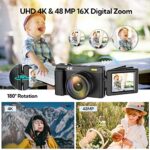 4K Digital Camera for Photography 16X Zoom Anti-Shake Vlogging Camera with Flash 48MP Video AutoFocus Camera with 180°Flip Screen Compact Travel Camera with 2 Batteries 32GB Memory Card for Beginner