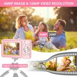 Digital Camera, Kids Camera with 32GB Card FHD 1080P 44MP Vlogging LCD Screen 16X Zoom Compact Portable Mini Rechargeable Gifts for Students Teens Adults Girls Boys-Pink