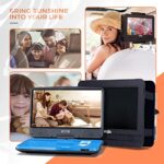 SUNPIN 12.5″ Portable DVD Player for Car and Kids, 10.1″ Swivel HD Screen with 5 Hours Built-in Battery, Car Headrest Holder, Dual Headphone Jacks, Support USB/SD Card/Sync TV/All Regions Discs, Blue