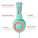 Nilogie A21 Kids Headphones for School/PC/Cellphone/Airplane Travel with 3.5mm Jack Children Boys Girls Foldable Wired On-Ear Headset (Mint Coral)