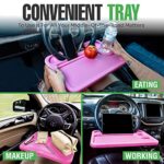 lebogner Steering Wheel Tray, Car Food Trays For Eating With iPad Tablet Slot, Multipurpose Double-Sided Hook On Travel Auto Steering Wheel Desk Table For Laptop & Notebook With Cup Holder, Pink