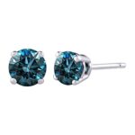 1 ct. Blue – I1 Round Brilliant Cut Diamond Earring Studs in 14K White Gold