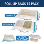15 Compression Bags for Travel, Roll Up Space Saver Bags for Travel, Saves 80% of Storage Space for Packing & Clothes, No Pump or Vacuum Needed
