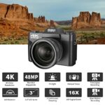 Digital Cameras for Photography, 4K 48MP Vlogging Camera 16X Digital Zoom Manual Focus Rechargeable Students Compact Camera with 52mm Wide-Angle & Macro Lens, 32G TF Card and 2 Batteries
