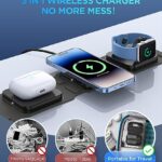 3 in 1 Fast Wireless Charger w/ 20W PD Adapter, Foldable Magnetic Charging Station for Apple Devices, Travel Charging Pad for MagSafe iPhone 15/14/13/12 Series iWatch Ultra 8 7 6 5 4 3 Airpods 3 2 Pro