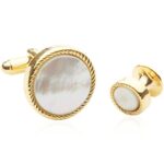 Cuff-Daddy Mother of Pearl Cufflinks and Studs Tuxedo Gold Cufflinks Round Ribbed Tuxedo Formal Set with Presentation Gift Box Unique Designed French Cuff Links Mens Wedding Business for Men