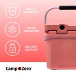 CAMP-ZERO 10 | 10.6 Qt. Cooler with 2 Molded-in Cup Holders & Folding Aluminum Handle | Thick Walled, Freezer Grade Cooler with Secure Locking System & Tie Down Channels (Coral)