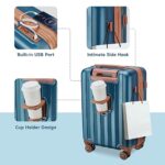 imiomo Luggage Sets 4 Piece Expandable Luggage Set,Hardside Carry on Suitcase with USB Port Cup Holder,Travel Luggage Suitcase with Spinner Wheels TSA Lock,Dark Blue & Brown
