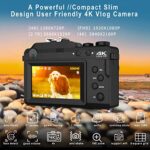 Digital Camera, 4K Vlog Camera, Dual Cam Front and Rear, Autofocus & Anti-Shake, 7 Color Filters, Face Detect, 3” IPS Screen, 140°Wide Angle, 18X Zoom, 64G TF Card & Hand Strap AA-12