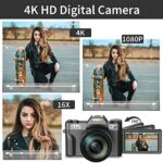 Digital Cameras for Photography, 4K 48MP Vlogging Camera 16X Digital Zoom Manual Focus Rechargeable Students Compact WiFi Camera with 52mm Wide-Angle Lens & Macro Lens, 32G Micro Card and 2 Batteries