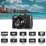 Digital Cameras for Photoggraphy 4K 48MP Vlogging Camera for YouTube with Built-in Fill Light, 16X Digital Zoom, Manual Focus, 52mm Wide Angle Lens & Macro Lens, 32GB TF Card and 2 Batteries