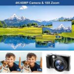 4K Digital Camera,Autofocus 48MP Vlogging Camera for Photography YouTube Compact Camera with Flash,18X Digital Zoom, Anti Shake, Macro Photography, 32G SD Card and 2 Batteries