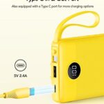 VRURC Portable Charger with Built-in Cables, 10000mAh LED Display USB C Power Bank, Slim Travel Battery Pack with 5 Output 2 Input Compatible with iPhone,Samsung,Android etc-Yellow