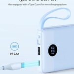 VRURC 10000mAh Power Bank Built-in Cables, Portable Charger with LED Display, Slim Travel Battery Pack with Cords, 5 Output Dual Input Phone Charger for Cell Phone Smart Devcies-Blue(1 Pack)