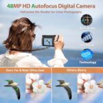 4K Digital Camera for Photography and Video, 48MP Vlogging Camera with SD Card Autofocus Anti-Shake, 3” 180° Flip Screen Digital Camera with Flash 16X Zoom, Compact Camera for Travel (2 Batteries)