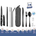 Portable Reusable Travel Utensils Silverware with Case,Travel Camping Cutlery set,Chopsticks and Straw, Flatware Cutlery Set with Case, Stainless steel Travel Utensil set Top (Black)