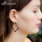 555Jewelry Stainless Steel Geometric Shaped Large Statement Square Hoop Earrings for Women, Dangle Drop Geometric Hoop Earrings, Classic Trendy Simple Earrings for Women, Black