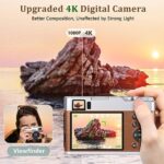 Upgraded 4K Digital Camera with SD Card Autofocus, 48MP with Flash Viewfinder & Dial, Compact Travel Vlogging Camera for Photography and Video Anti-Shake, 16X Zoom (2 Batteries)