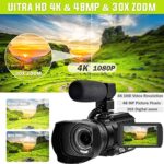 SPRANDOM 4K Video Camera Camcorder 48MP 60FPS WiFi Auto Focus YouTube Camera, 3.0 Inch Touch Screen 30X Digital Zoom Vlogging Camera with Microphone, Hand Stabiliser, Remote Control, 64G SD Card