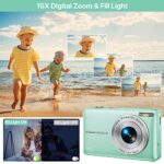 Digital Camera, Kids Camera with 32GB Card FHD 1080P 44MP Vlogging Camera with LCD Screen 16X Zoom Compact Portable Mini Rechargeable Camera Gifts for Students Teens Adults Girls Boys-Green
