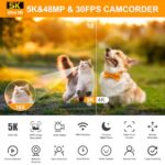 5K Video Camera Camcorder 48MP UHD WiFi IR Night Vision Vlogging Camera for YouTube 16X Digital Zoom 3” Touch Screen Camera Recorder with Microphone,Handheld Stabilizer,Lens Hood,Remote,2 Batteries