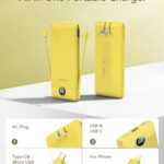 VEGER Portable Charger for iPhone with Built in Cables and Wall Plug, 10000mah Slim Fast Charging USB C Power Bank, Travel Essential Battery Pack Compatible with iPhone, iPad, Samsung etc(Yellow)
