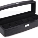 Diplomat 31-447 Carbon Fiber Six Watch Case with Black Suede Interior and See Through Top Watch Case