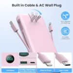 GKUTW Portable Charger 13800mAh Slim USB C Power Bank with Built in Cables and Wall Plug,LCD Display Lightweight Travel Battery Pack,PD Fast Charging Compatible with iPhone 15,14,Samsung Android-Pink